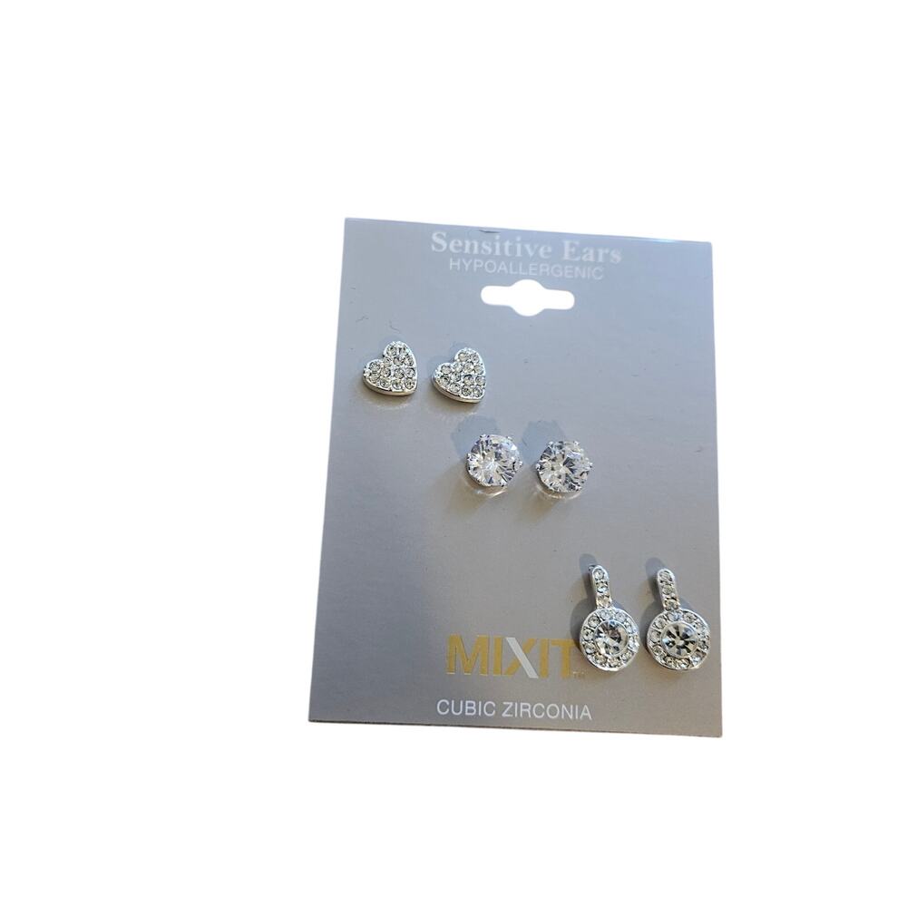Mixit Sensitive Ears Cubic Zirconia Stud Earrings 3 Pair Set NWT